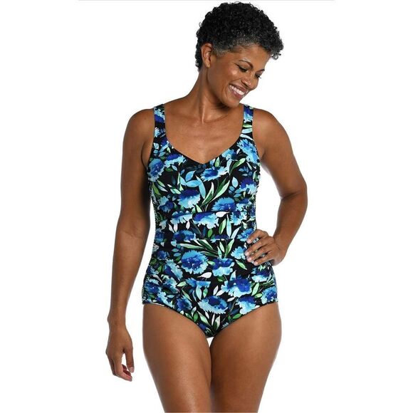 Maxine Of Hollywood Women's Side Shirred Girl Leg One Piece Swimsuit - Picture 1 of 7